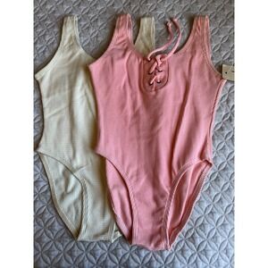 Body Basics Vintage 90s Waffle Knit Lace Up Bodysuit Set Pink Cream Womens Med